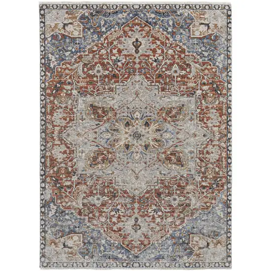 Orange Ivory And Blue Floral Power Loom Area Rug With Fringe Photo 1