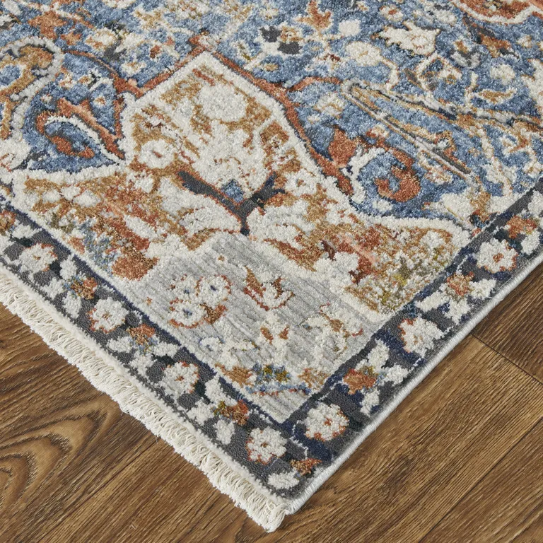 Orange Ivory And Blue Floral Power Loom Area Rug With Fringe Photo 4