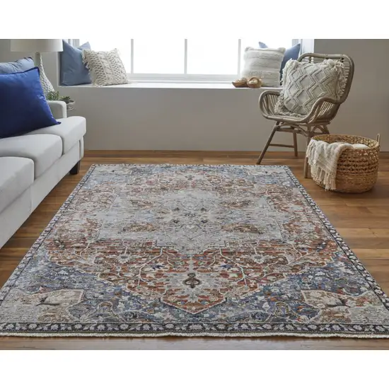 Orange Ivory And Blue Floral Power Loom Area Rug With Fringe Photo 6