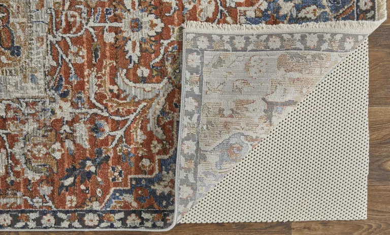 Orange Ivory And Blue Floral Power Loom Area Rug With Fringe Photo 3