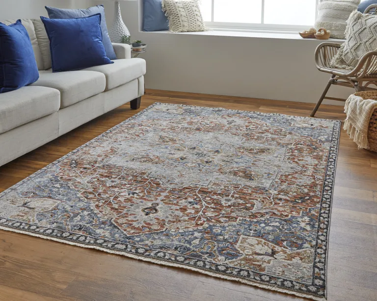 Orange Ivory And Blue Floral Power Loom Area Rug With Fringe Photo 5