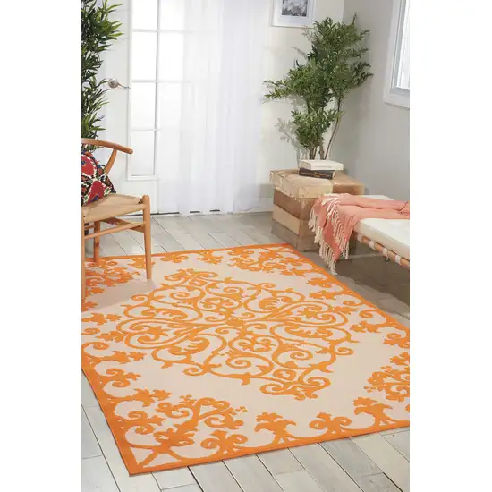 Orange And Ivory Damask Indoor Outdoor Area Rug Photo 7