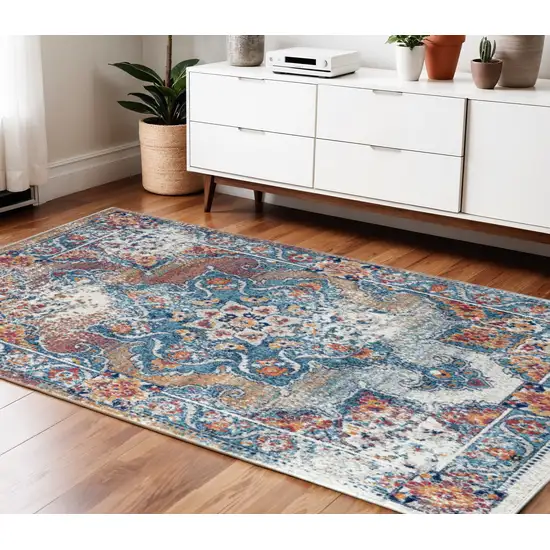 Blue Red and Orange Medallion Power Loom Area Rug Photo 1