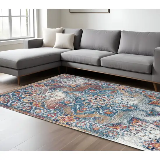 Blue Red and Orange Medallion Power Loom Area Rug Photo 1