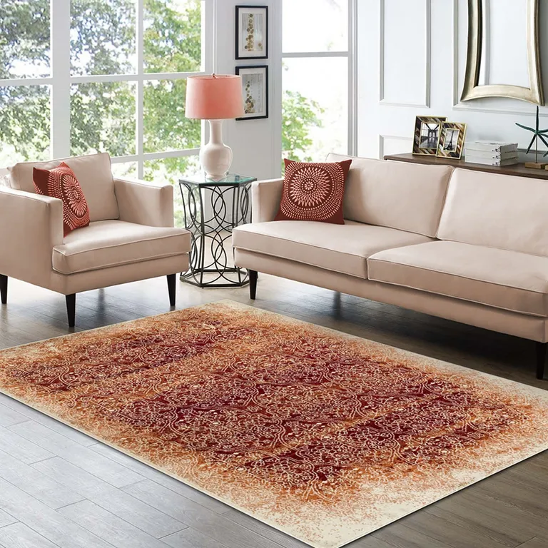 Orange Medallion Stain Resistant Area Rug Photo 2