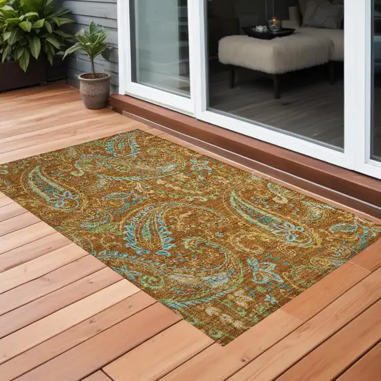 Orange Paisley Washable Non Skid Indoor Outdoor Area Rug Photo 1