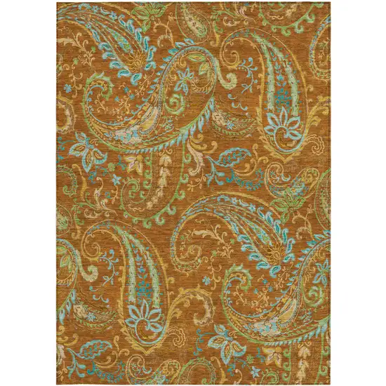 Orange Paisley Washable Non Skid Indoor Outdoor Area Rug Photo 5