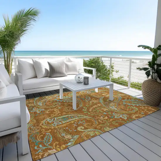 Orange Paisley Washable Non Skid Indoor Outdoor Area Rug Photo 9