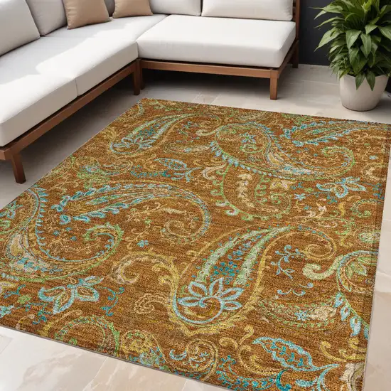 Orange Paisley Washable Non Skid Indoor Outdoor Area Rug Photo 1