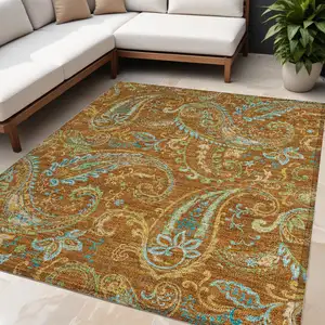 Photo of Orange Paisley Washable Non Skid Indoor Outdoor Area Rug