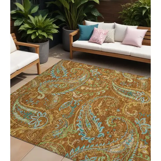 Orange Paisley Washable Non Skid Indoor Outdoor Area Rug Photo 1