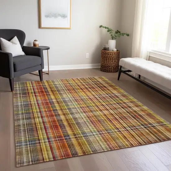 Orange Plaid Washable Non Skid Indoor Outdoor Area Rug Photo 8