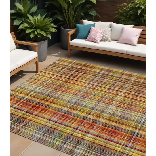 Yellow Orange and Brown Plaid Washable Non Skid Indoor Outdoor Area Rug Photo 1