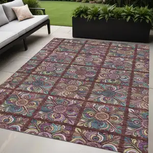 Photo of Orange Purple And Teal Blue Medallion Washable Indoor Outdoor Area Rug