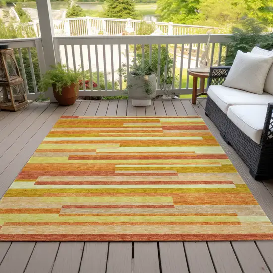 Orange Salmon And Lime Green Striped Washable Indoor Outdoor Area Rug Photo 7