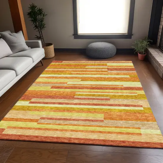 Orange Salmon And Lime Green Striped Washable Indoor Outdoor Area Rug Photo 8