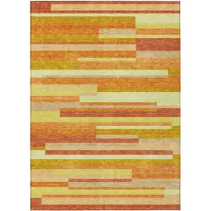 Photo of Orange Salmon And Lime Green Striped Washable Indoor Outdoor Area Rug