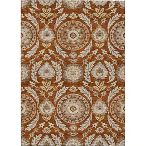 Photo of Orange Taupe And Gold Floral Washable Indoor Outdoor Area Rug