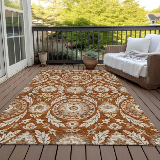 Orange Taupe And Gold Floral Washable Indoor Outdoor Area Rug Photo 6