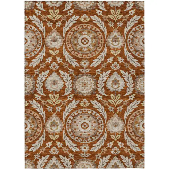 Orange Taupe And Gold Floral Washable Indoor Outdoor Area Rug Photo 1