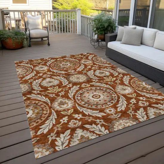 Orange Taupe And Gold Floral Washable Indoor Outdoor Area Rug Photo 9