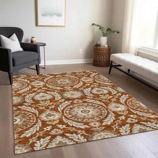 Orange Taupe And Gold Floral Washable Indoor Outdoor Area Rug Photo 8