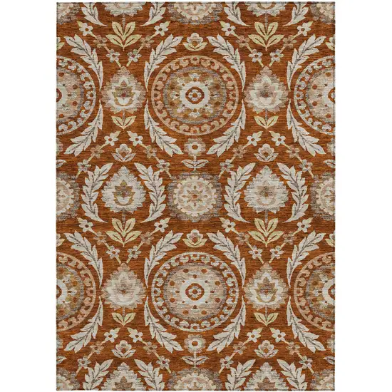 Orange Taupe And Gold Floral Washable Indoor Outdoor Area Rug Photo 5