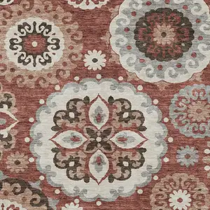 Photo of Orange Taupe And Gray Floral Medallion Washable Indoor Outdoor Area Rug