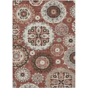 Photo of Orange Taupe And Gray Floral Medallion Washable Indoor Outdoor Area Rug