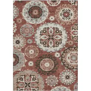 Photo of Orange Taupe And Gray Floral Medallion Washable Indoor Outdoor Area Rug