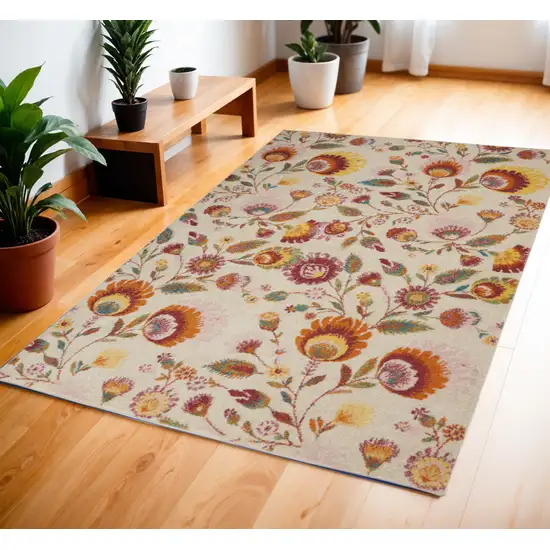 Orange and Ivory Floral Power Loom Area Rug Photo 1