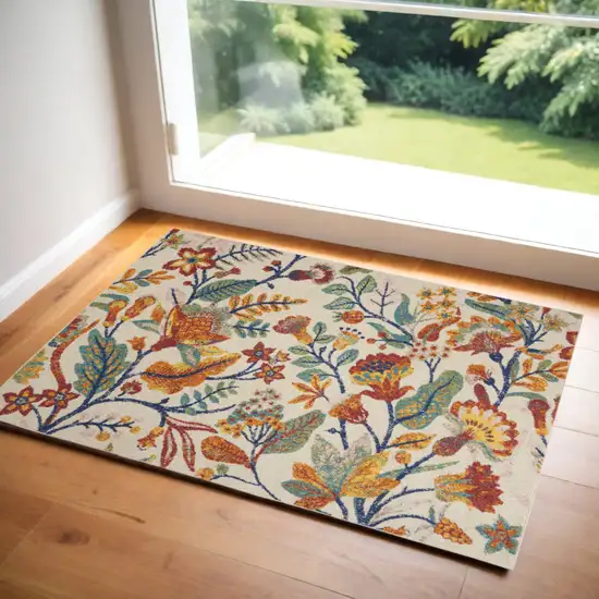 Orange and Ivory Floral Power Loom Area Rug Photo 1