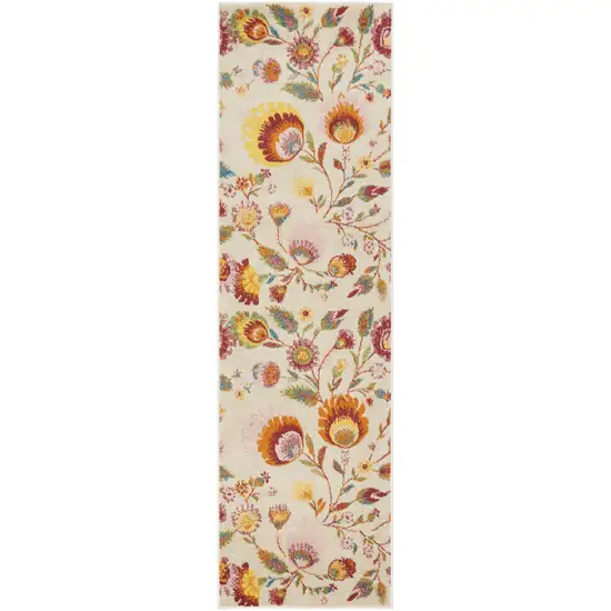 Orange and Ivory Floral Power Loom Runner Rug Photo 2