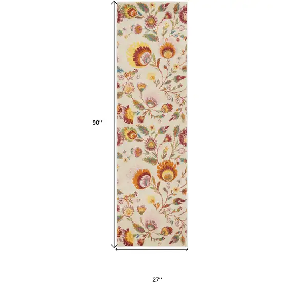 Orange and Ivory Floral Power Loom Runner Rug Photo 3