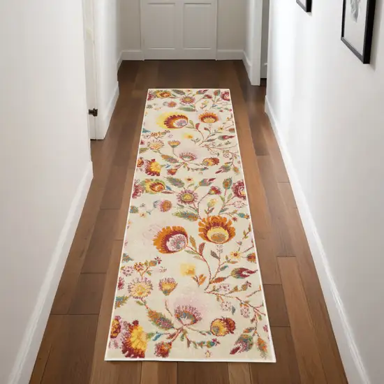 Orange and Ivory Floral Power Loom Runner Rug Photo 1