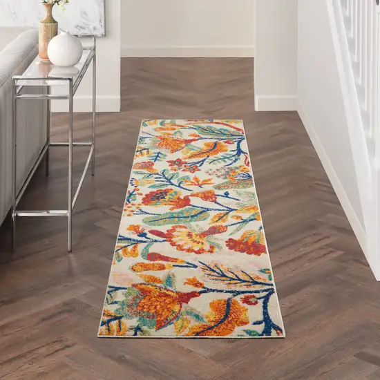 Orange and Ivory Floral Power Loom Runner Rug Photo 8