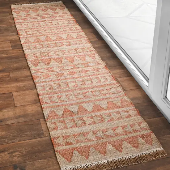 Orange and Ivory Geometric Hand Woven Runner Rug Photo 4