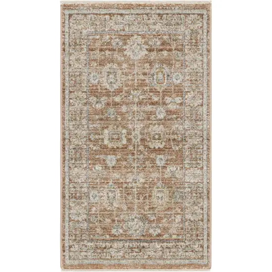 Orange and Ivory Oriental Power Loom Distressed Area Rug With Fringe Photo 2