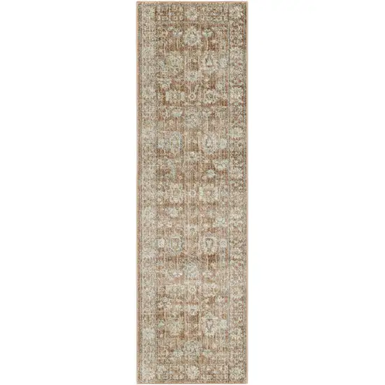 Orange and Ivory Oriental Power Loom Distressed Runner Rug With Fringe Photo 2