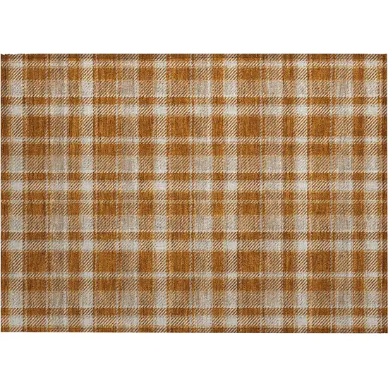 Orange and Ivory Plaid Washable Non Skid Indoor Outdoor Area Rug Photo 2