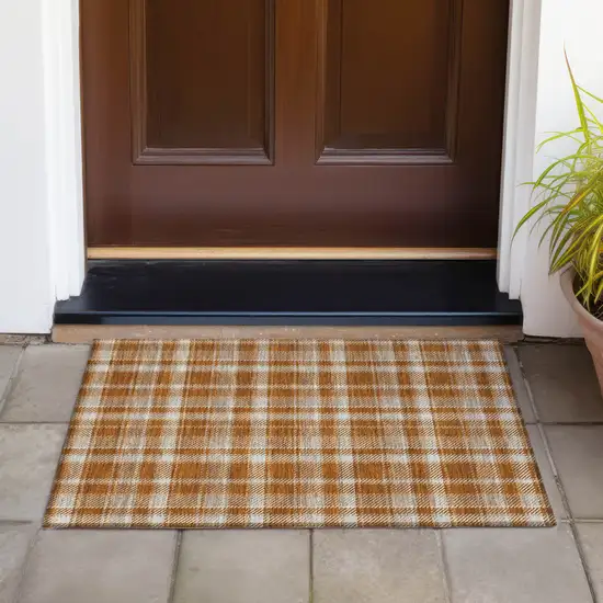 Orange and Ivory Plaid Washable Non Skid Indoor Outdoor Area Rug Photo 8