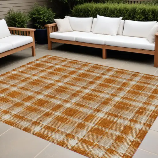 Orange and Ivory Plaid Washable Non Skid Indoor Outdoor Area Rug Photo 1