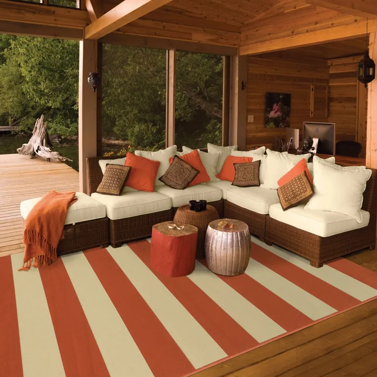 Orange and Ivory Striped Indoor Outdoor Area Rug Photo 3