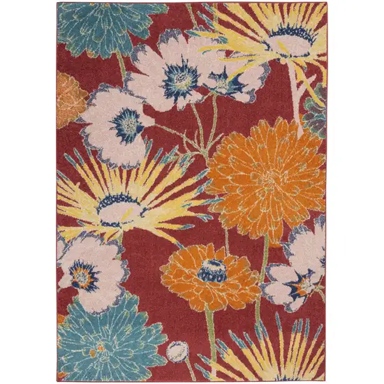 Orange and Red Floral Power Loom Area Rug Photo 2