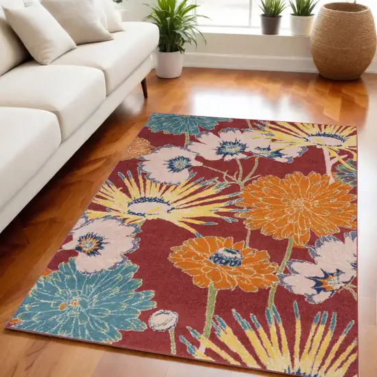 Orange and Red Floral Power Loom Area Rug Photo 1