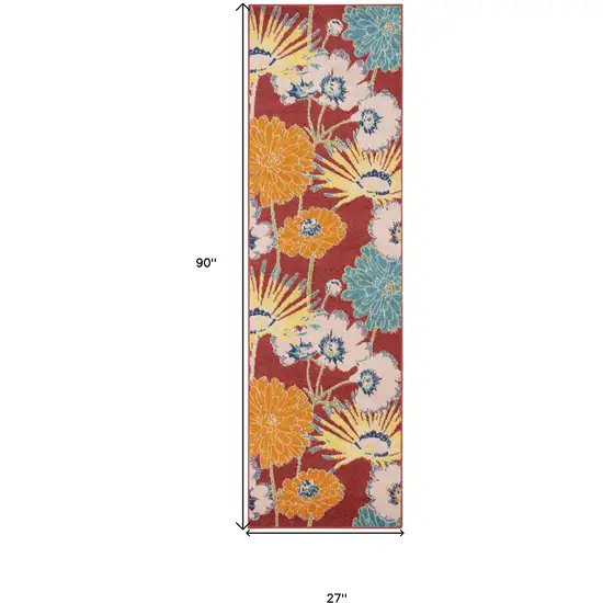 Orange and Red Floral Power Loom Runner Rug Photo 3