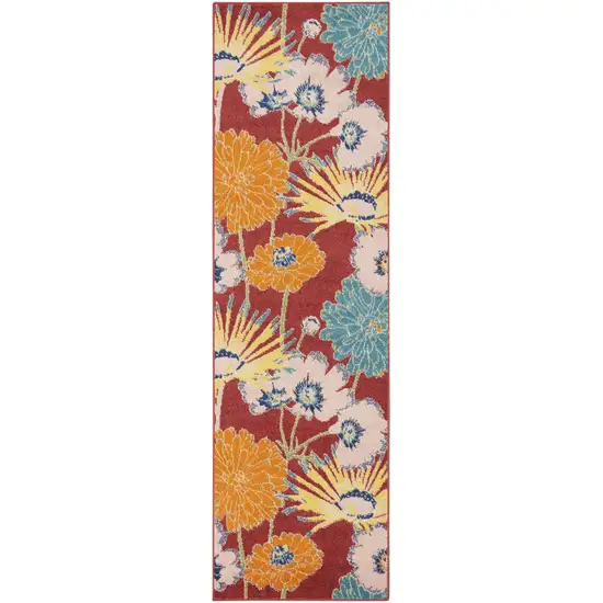 Orange and Red Floral Power Loom Runner Rug Photo 2