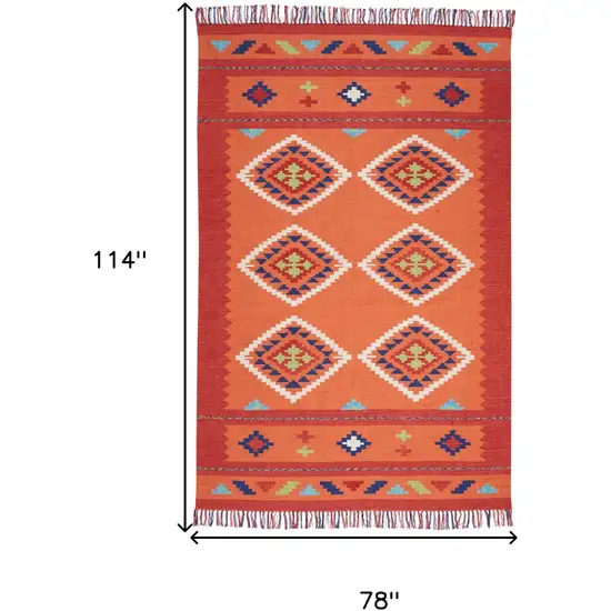 Orange and Red Southwestern Handmade Area Rug With Fringe Photo 3