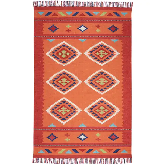 Orange and Red Southwestern Handmade Area Rug With Fringe Photo 2