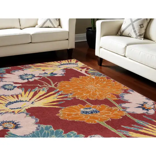 Orange and Red Tropical Floral Power Loom Area Rug Photo 1